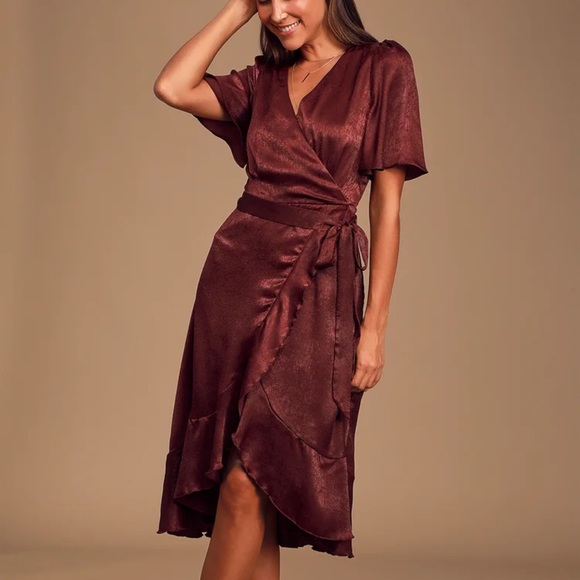 Lulus 
Wrapped Up In Love Burgundy Satin Faux-Wrap Midi Dress - Picture 1 of 3